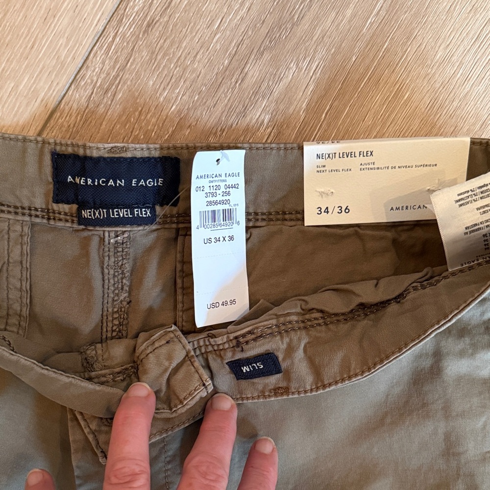 American Eagle Outfitters Men's Khaki Chinos NWT size 34x36 next level flex slim - Picture 2 of 5